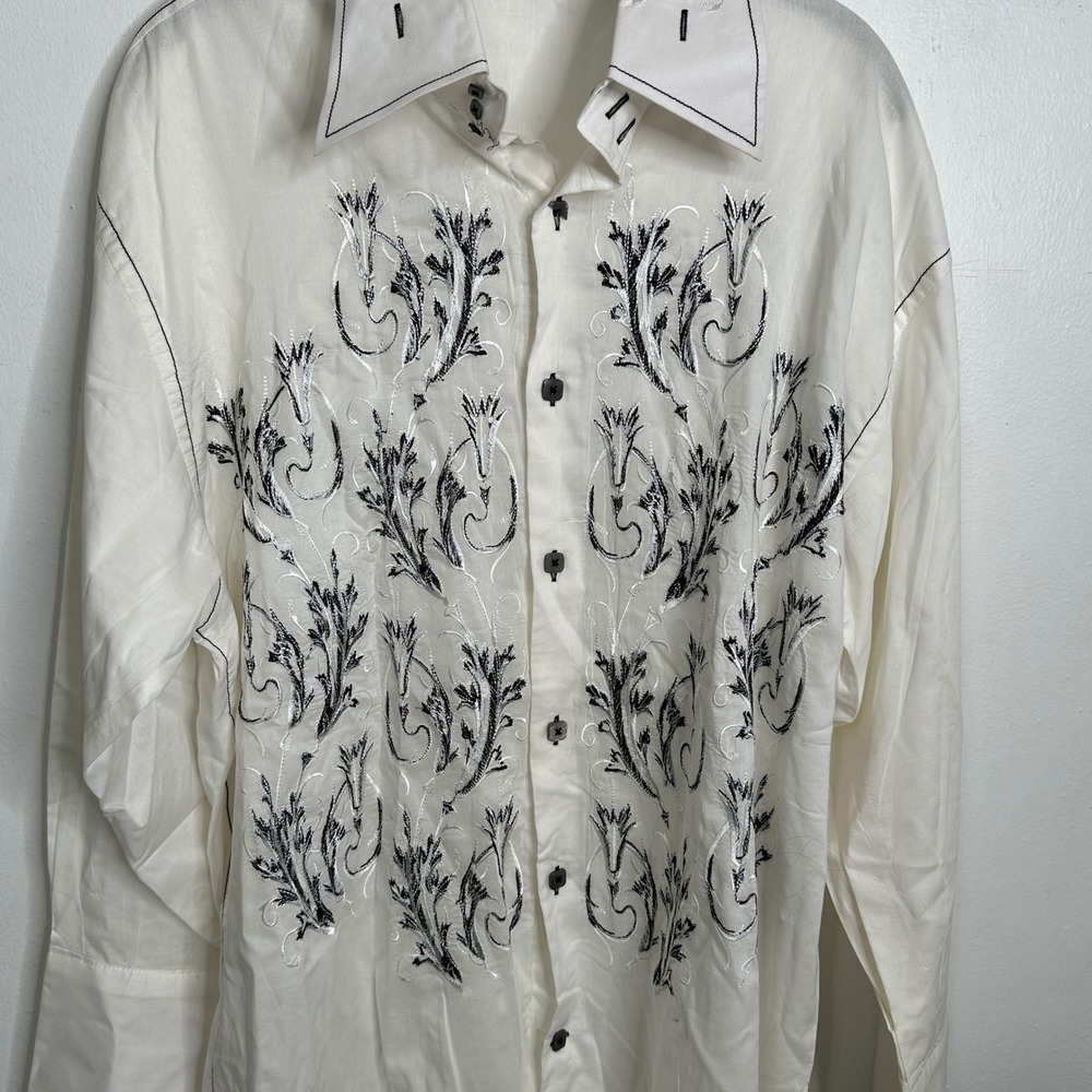 Angelino Mens White Embroidered Button Down Shirt Baroque Long Sleeve 17.5 - Picture 3 of 6